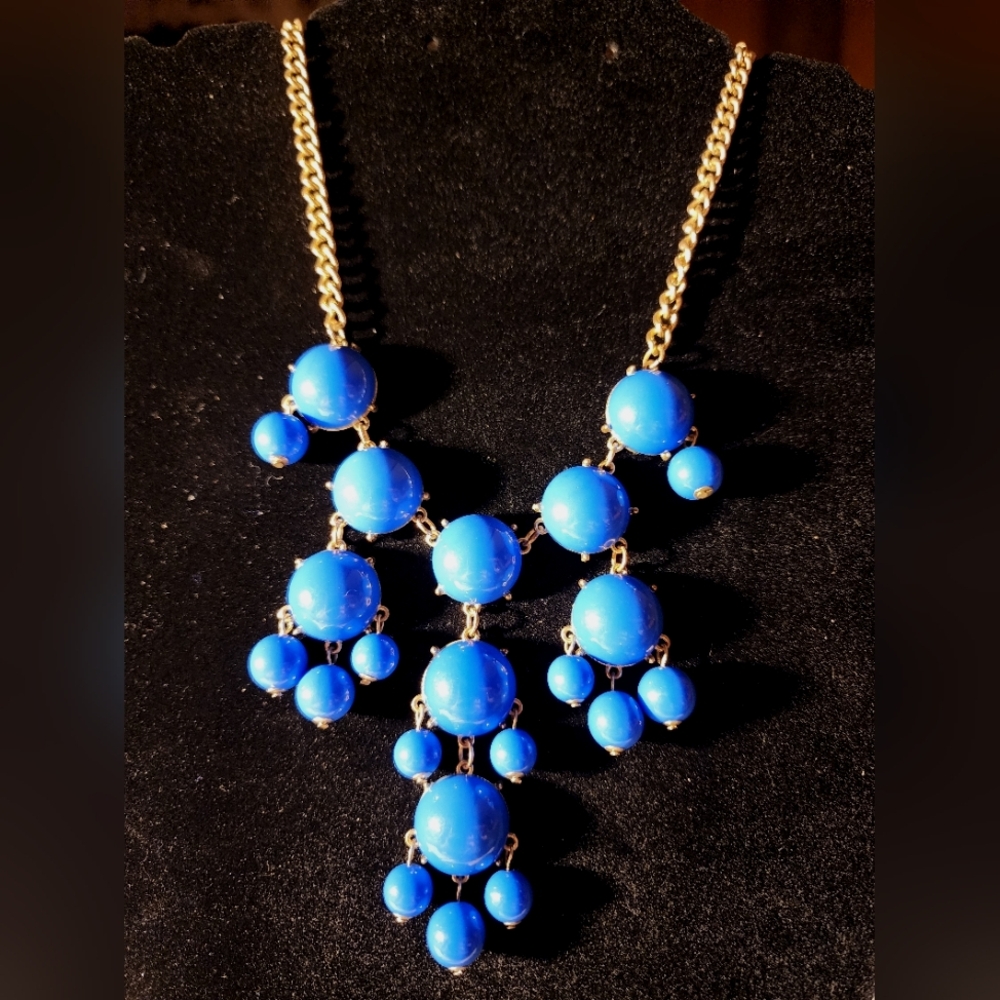 Bold Retro Blue Bauble Statement Necklace on Gold Tone Chain